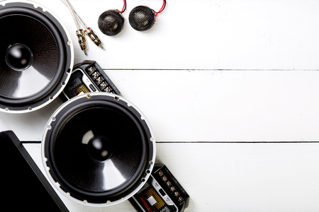 car audio, car speakers, subwoofer and accessories for tuning. Top viewの写真素材