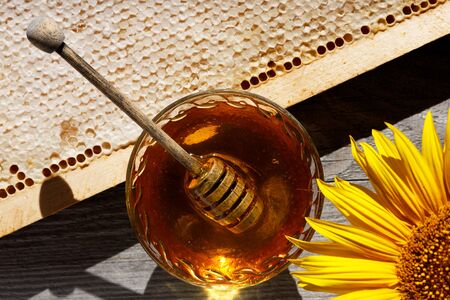 Fresh sweet honey in a glass bowl and honey honeycombs on an old wooden table.の写真素材