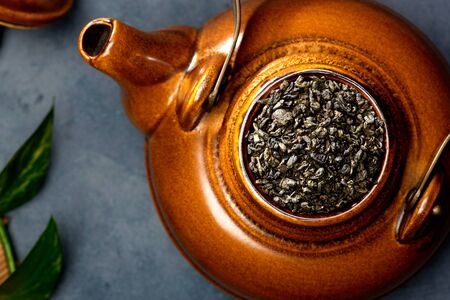 Asian food background - tea on the table. Dark background. Top view, flat layの写真素材