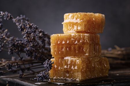 Honey background. Sweet honey comb and lavender close-up. Dark background.