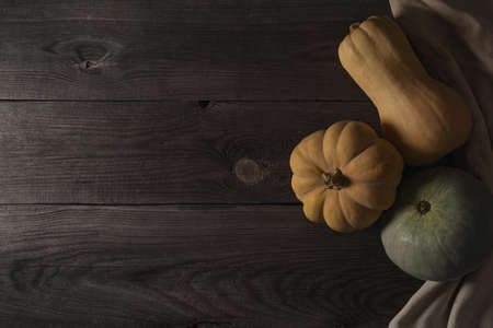 Autumn bottom border banner of pumpkins, gourds and fall decor on a rustic wood background with copy...
