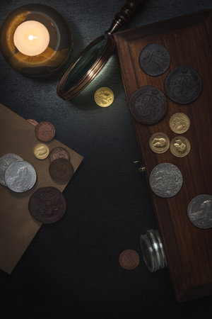 Numismatics. Old collectible coins of silver, gold and copper on the table. A collector in special...