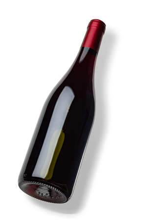 A bottle of red wine on an isolated white background. Top view.の写真素材