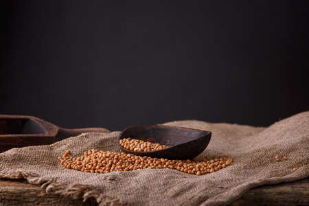 Grains of mustard. Mustard Seeds Vegan concept. Healthy diet. Selective focus. Dark backgroundの写真素材