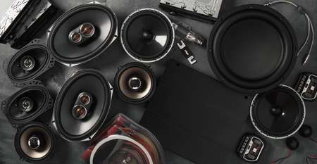 car audio, car speakers, subwoofer and accessories for tuning. Top view. Banner.の写真素材