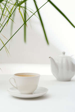 Tea in a white ceramic cup and a teapot on a white table. light background.の写真素材