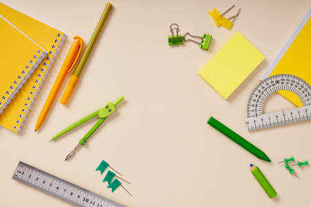 back to school background. School supplies. Top view. Copy space for you text.の写真素材