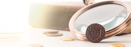 Numismatics. Old collectible coins on the table.の写真素材