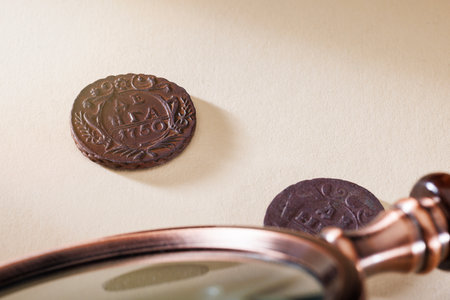 Numismatics. Old collectible coins on the table.の写真素材