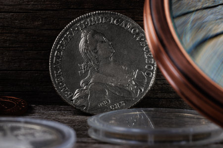 Numismatics. Old collectible coins on the table. close upの写真素材