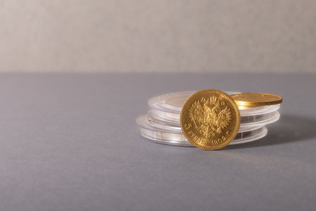 Numismatics. Old collectible coins on the table. Copy space for your textの写真素材