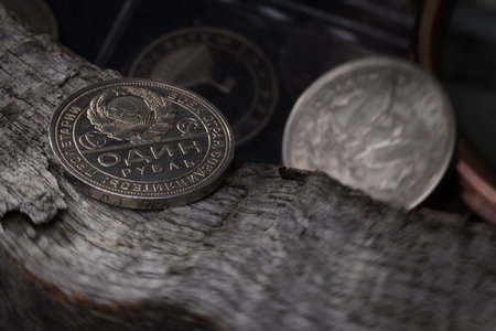 Numismatics. Old collectible coins on the table. top view.