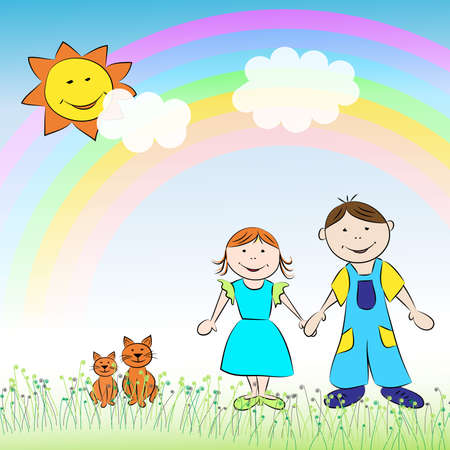The children, boy and girl with cats on the meadow under the rainbowのイラスト素材
