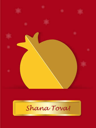 Greeting card for Jewish New Year, Rosh Hashanah. Gold pomegranate with banner on red background, shana tovaのイラスト素材