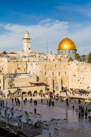 JERUSALEM, ISRAEL - JANUARY 5: Western Wall prayer section and Dome of the Rock, Temple Mount, sunset light in Jerusalem, Israel on January 5, 2016のeditorial素材