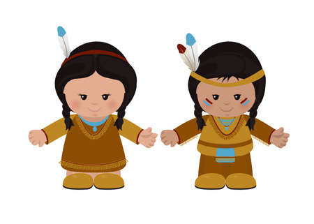 Cartoon characters of American Indians, man and woman in national dress. Vector illustrationのイラスト素材