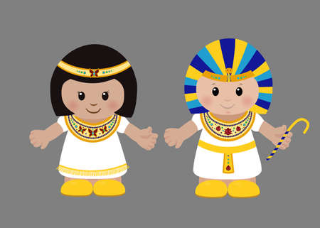 Cartoon characters of Pharaoh and Cleopatra in ancient Egyptian clothing. Vector illustrationのイラスト素材