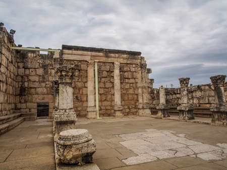 Ruins of synagogue in ancient Capernaum, archaeological site in Galilee, Israelの写真素材