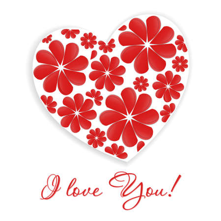 Card with the inscription - I love you and heart with floral pattern on a white background.のイラスト素材