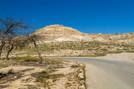 The desert landscape, ruins of the ancient city on hill. Avdat, Nabatean Town on the ancient spice...