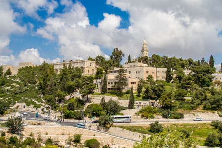 JERUSALEM, ISRAEL - APRIL 4: The Dormition Abbey and the Institute for the Study of the Bible, outside the walls of the Old City in Jerusalem, Israel on April 4, 2015のeditorial素材