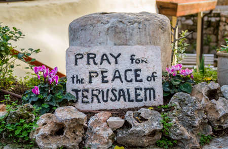 JERUSALEM, ISRAEL - JANUARY 5: The inscription on the stone - Pray for the peace of Jerusalem. Garden Tomb in Jerusalem, Israel on January 5, 2016のeditorial素材