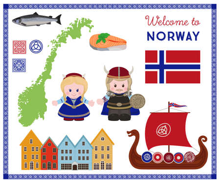 Welcome to Norway, traditional scandinavian symbols set with cartoon characters of vikings in ancient scandinavian clothing.のイラスト素材