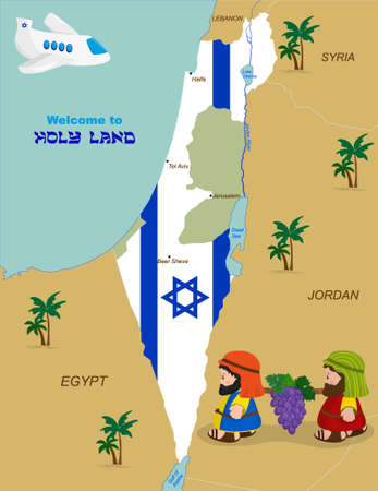 Welcome to Holy Land, map of Israel with flag and cartoon characters of Two spies of Israel carrying grapes. Vector illustrationのイラスト素材