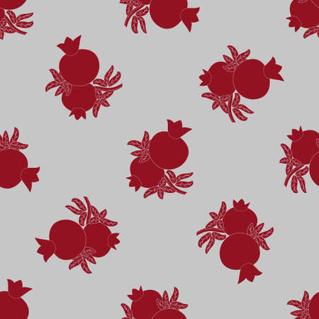 Pomegranate seamless pattern with red fruits and leaves on grey background. Vector illustrationのイラスト素材