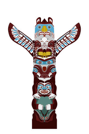 Indian totem pole - stylized monumental sculpture with figures of animals, vector illustration in cartoon styleのイラスト素材
