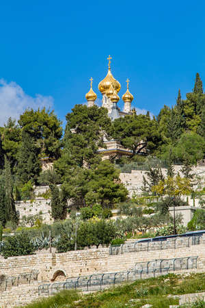 Golden domes of Russian Orthodox Church of St. Mary Magdalene on the Mount of Olives in Jerusalem. Verticalの写真素材