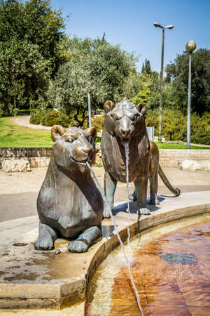 JERUSALEM, ISRAEL - OCTOBER 5: Lions sculptures, part of the Lions Fountain by the German sculptor Gernot Rumpf in Bloomfield garden in Jerusalem, Israel on October 5, 2016のeditorial素材