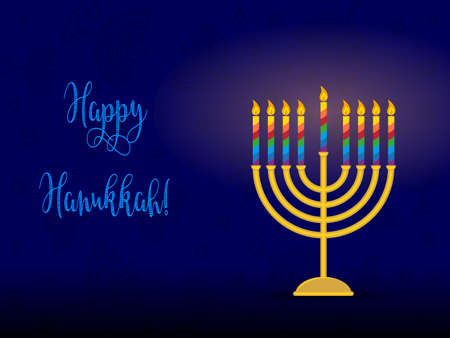 Greeting card for jewish holiday of Hanukkah. Hanukkah menorah, traditional candle holder for nine candles and congratulation - Happy Hanukkah. Vector illustration.のイラスト素材