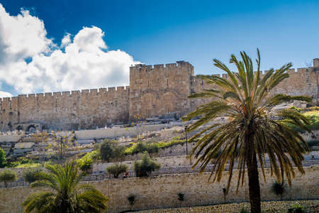 View of the Golden Gate or Gate of Mercy on the east-side of the Temple Mount of the Old City of Jerusalem, Israelの写真素材