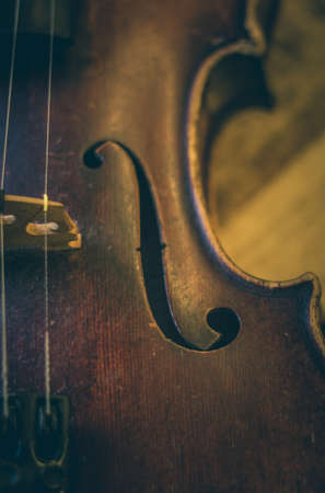 Old violin on a wooden background, stringed musical instrument in close-upの写真素材