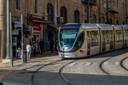 JERUSALEM, ISRAEL - DECEMBER 8: Jerusalem light rail on Jaffa street in Jerusalem, Israel on December 8, 2016のeditorial素材