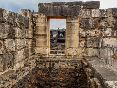 Ruins of synagogue in ancient Capernaum, archaeological site in Galilee, Israelの写真素材