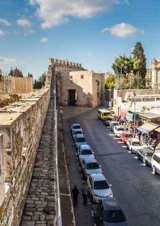 JERUSALEM, ISRAEL - DECEMBER 8: View of the Zion Gate from the wall of the Old City of Jerusalem, Israel on December 8, 2016のeditorial素材