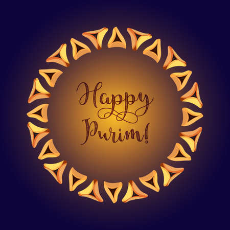 Jewish holiday of Purim, greeting card with traditional hamantaschen cookies and with text Happy Purim on dark blue background. Vector illustrationのイラスト素材