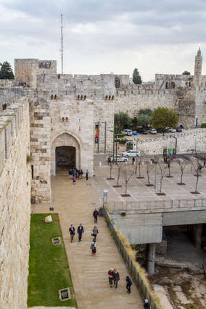 JERUSALEM, ISRAEL - DECEMBER 8: View of the Jaffa Gate from wall of the Old City in Jerusalem, Israel on December 8, 2016のeditorial素材