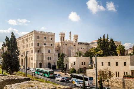 JERUSALEM, ISRAEL - DECEMBER 8: View of the Notre Dame de Jerusalem, Notre Dame de France - Catholic monastery and guesthouse in Jerusalem, Israel on December 8, 2016のeditorial素材