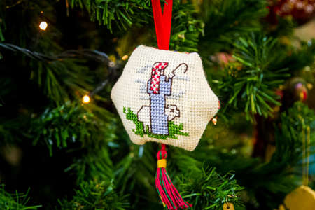 Christmas toy, Christmas decorative small pillow with embroidery on the Christmas tree