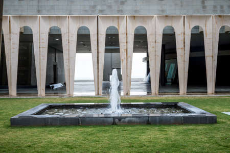 GALILEE, ISRAEL - DECEMBER 3: The inner courtyard with a fountain in Domus Galileae on the Mount of Beatitudes near the Sea of Galilee in Galilee, Israel on December 3, 2016のeditorial素材
