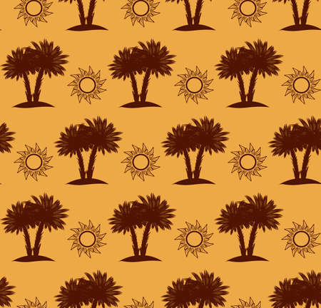 Desert seamless pattern with palm trees and sun, desert landscape on sand background. Vector illustrationのイラスト素材