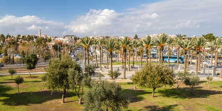Panoramic view of Jerusalem, the Mish'ol HaPninim Garden from wall of the Old City near Damascus Gate, Shechem Gate in Jerusalem, Israelの写真素材