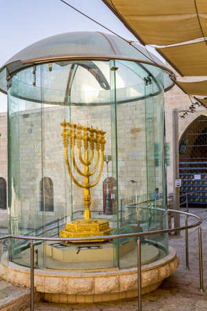 JERUSALEM, ISRAEL - OCTOBER 3: Golden Menorah in Old City of Jerusalem near the Western Wall, Israel...