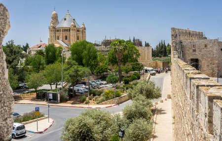 The Dormition Abbey, Catholic church, Benedictine monastery, view from the walls of the Old City of Jerusalem, Israelの写真素材