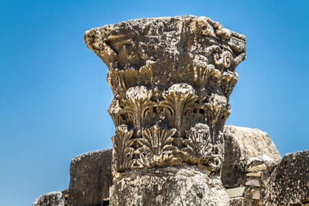 Archaeological site Capernaum, ancient ruins of synagogue of white calcareous stone, on the shore of...