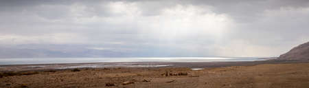 Panorama of archaeological site of Qumran National Park in Judaean Desert near the Dead Sea in Israelの写真素材