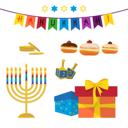 Jewish holiday of Hanukkah, Hanukkah menorah, sufganiyot doughnuts, dreidel spinning top, traditional holiday symbols set isolated on white backgroundのイラスト素材